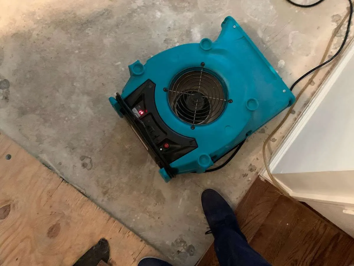 Air mover drying subfloor during Commercial Water Damage Restoration in Windsor